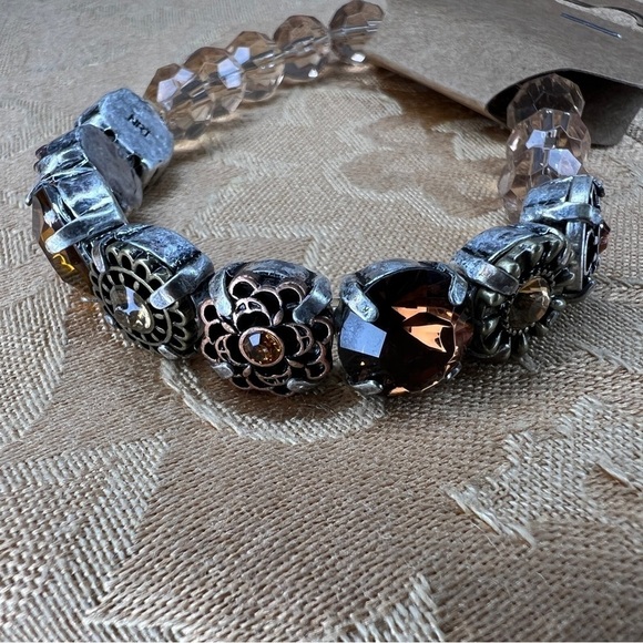 BEADED BRACELET SILVER BROWN BEIGE STRETCH GEM BOHO - Picture 4 of 6